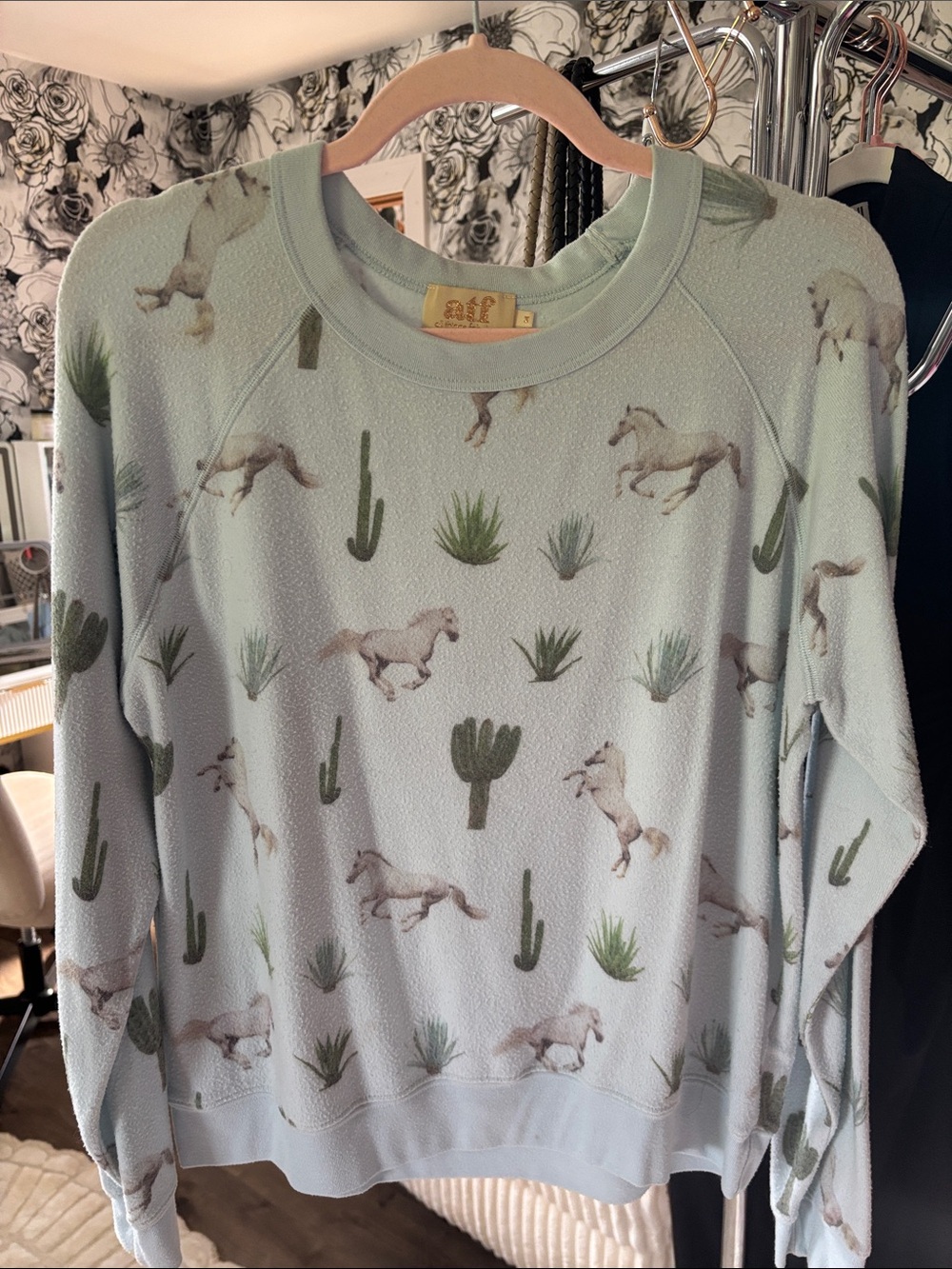 All Things Fabulous Light Blue Horse & Cactus Print Crewneck Sweater